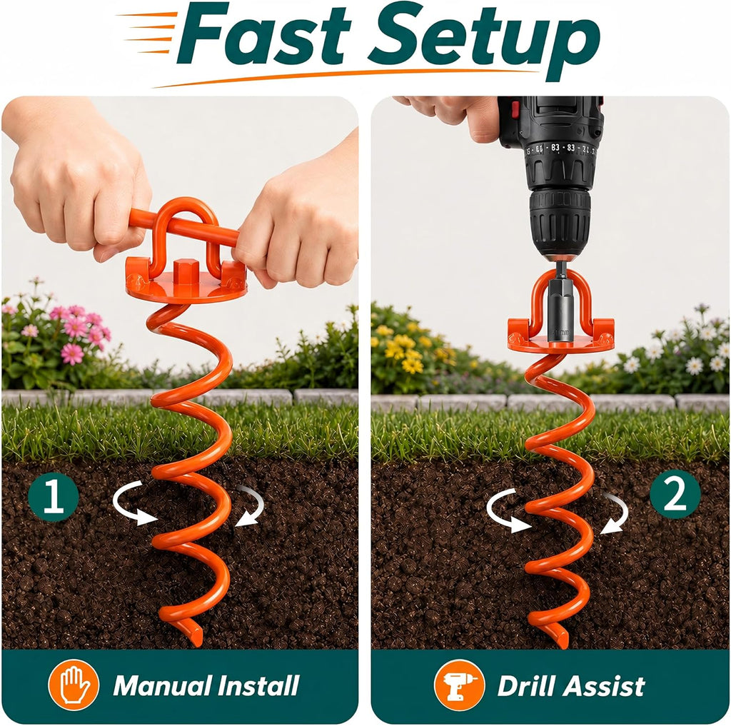 4 Pack Heavy Duty Spiral Ground Anchors with Drill Adapter, 12.4" Screw-in Metal Earth Stakes for Trampolines, Dog Tie Out, Sheds and Tents, Orange