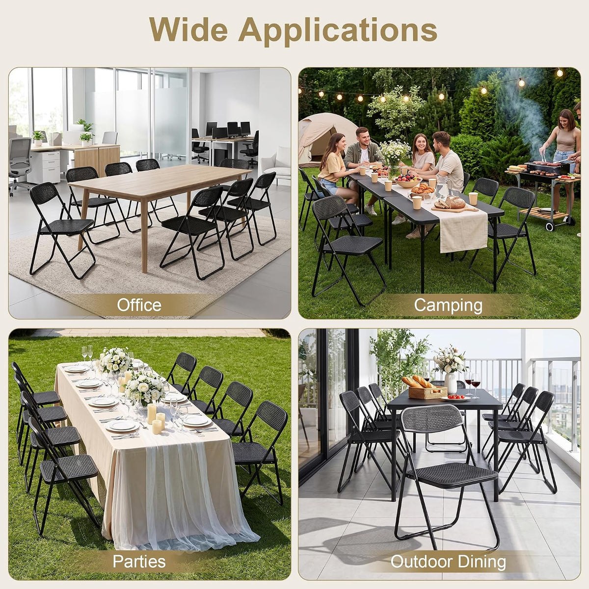 VECELO Plastic Folding Chairs 4 Pack, Metal Frame for Indoor/Outdoor, Black