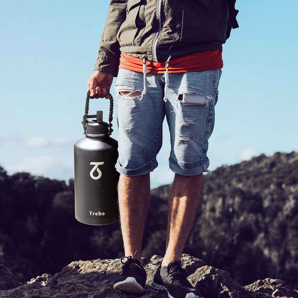 Trebo One Gallon Water Bottle Insulated with 3 Lids, Paracord Handle & Bag