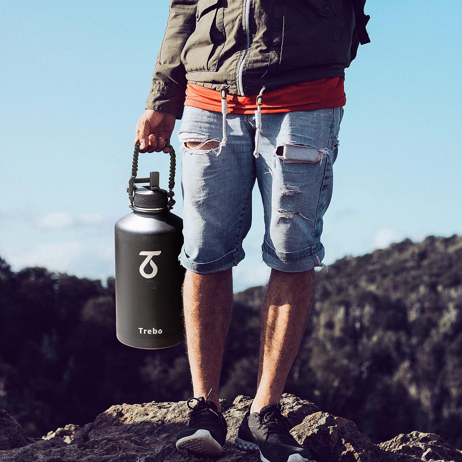 Trebo One Gallon Water Bottle Insulated with 3 Lids, Paracord Handle & Bag