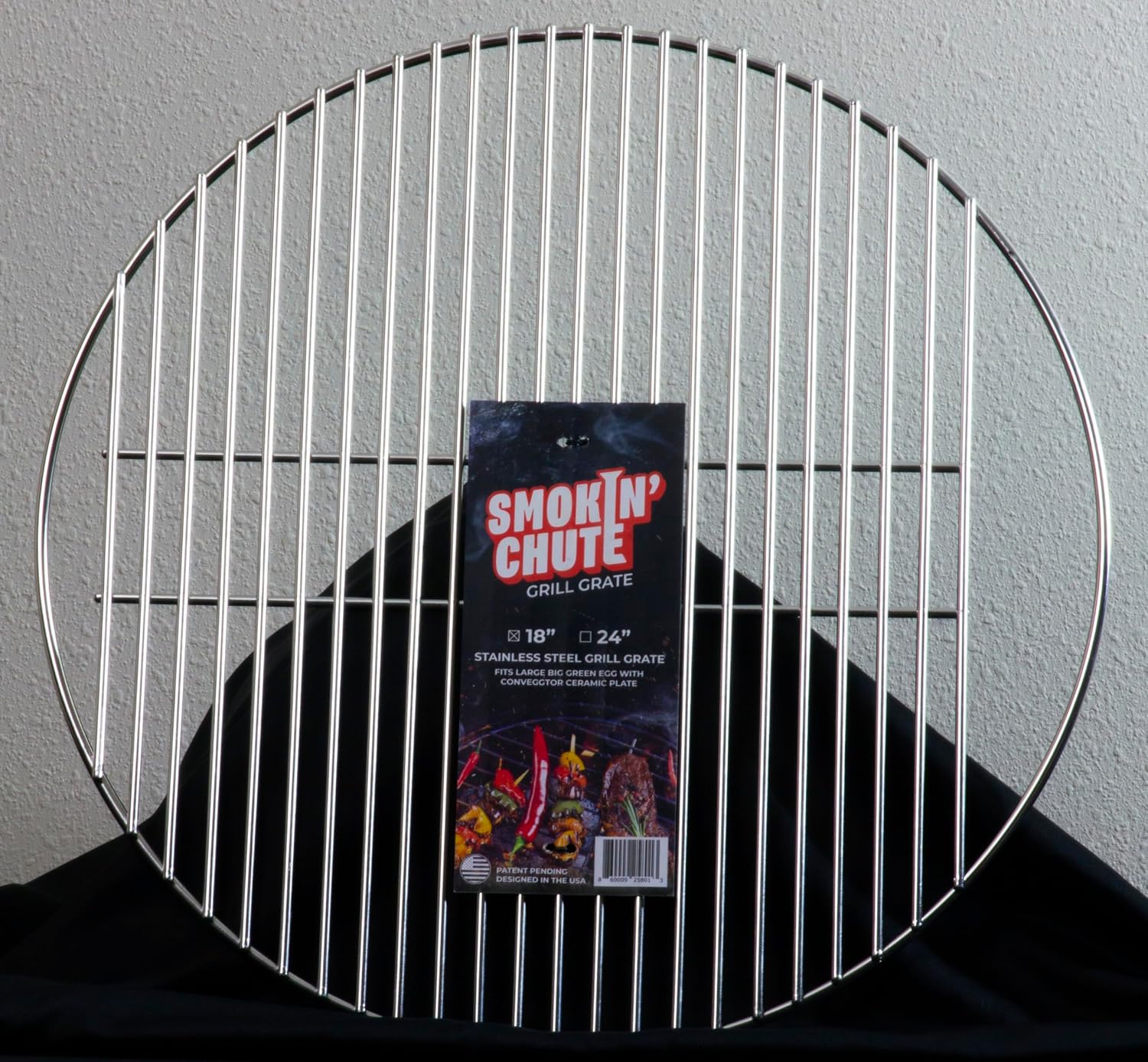Stainless Steel Grate designed to work with the Smokin’ Chute System. Fits Large Big Green Egg and other 18” diameter grill grates.