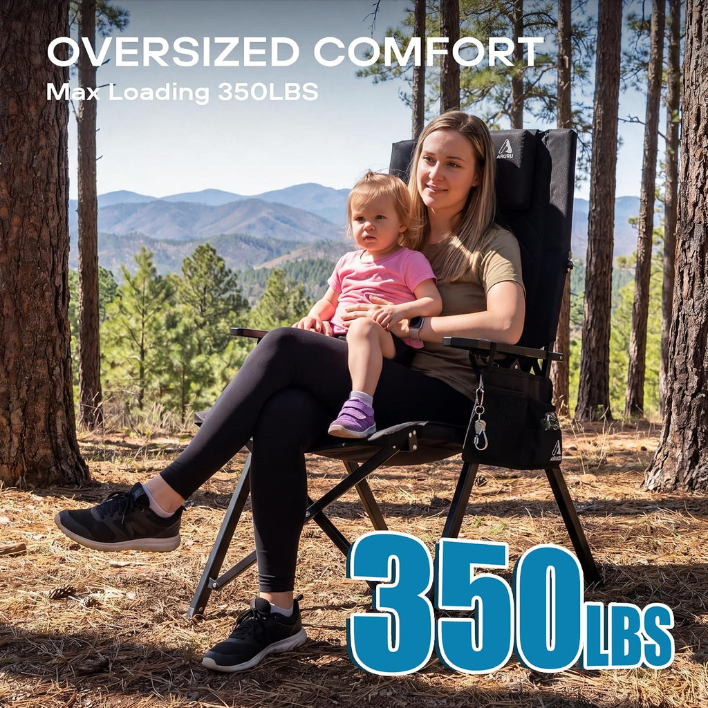 Reclining Camping Chair, Heavy Duty Folding Chairs with 4-Stage Adjustable High Back for Adults, Compact Foldable Outdoor Patio Reclining Chair with Storage Bag (Black, 2 Pack)
