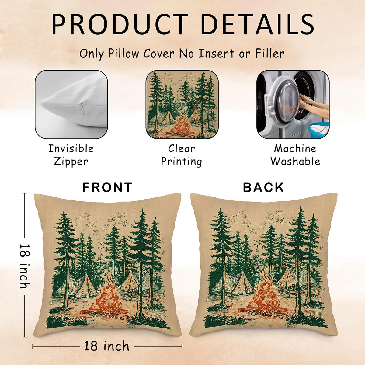 Rustic Camping Forest Throw Pillow Covers, Vintage Camper Pillow Case Cover for Couch, Campfire Square Pillowcase, Retro Camping Decor Cushion Cover Case for Bedroom Living Room, 18x18 in