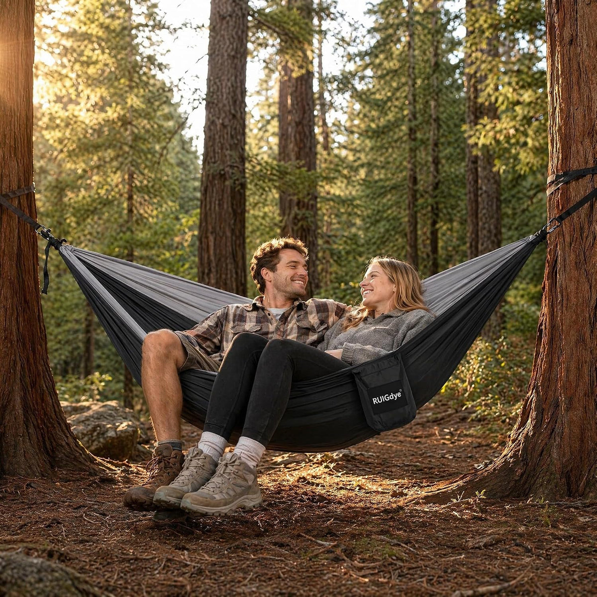 Camping Hammock with Mosquito Net, 650 lbs Portable Hammock with Tree Straps, Parachute Nylon Hammock, 2-in-1 Double/Single Travel Hammock Tent for Outside、Indoor、Backpacking、Beach - Black & Grey