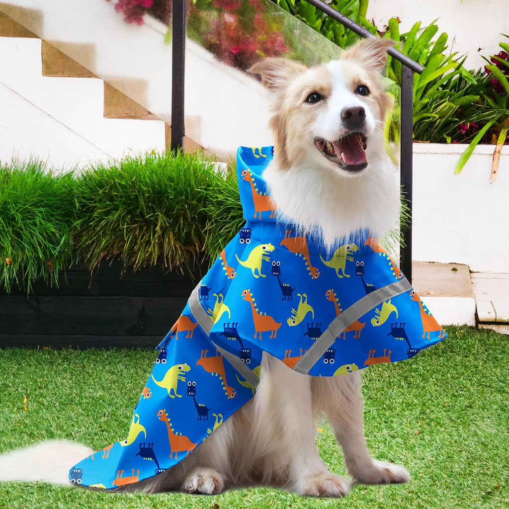 NACOCO Large Dog Raincoat Adjustable - Pet Dinosaurs Water Proof Clothes Lightweight Rain Jacket Poncho Hoodies with Strip Reflective Blue (L, Blue Dinosaur)