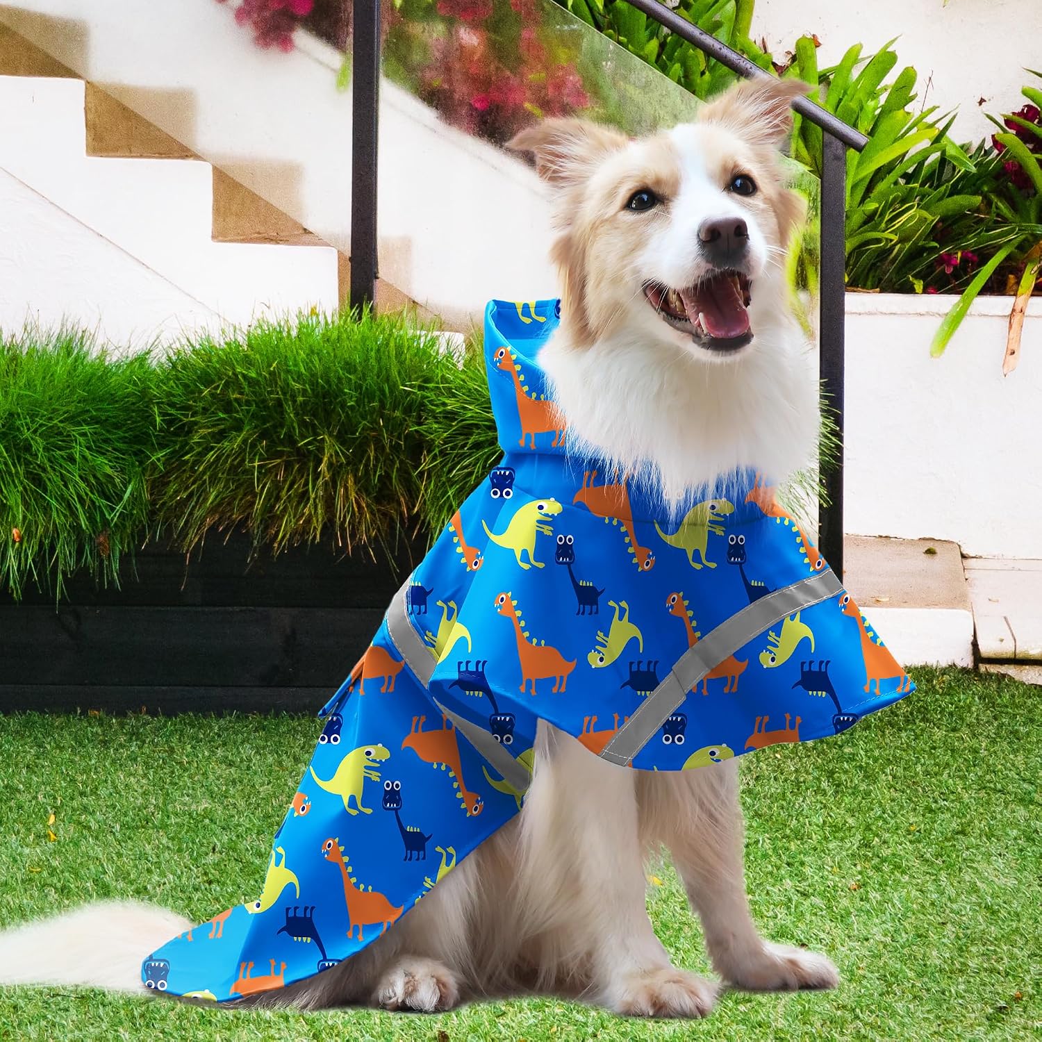 NACOCO Large Dog Raincoat Adjustable - Pet Dinosaurs Water Proof Clothes Lightweight Rain Jacket Poncho Hoodies with Strip Reflective Blue (L, Blue Dinosaur)
