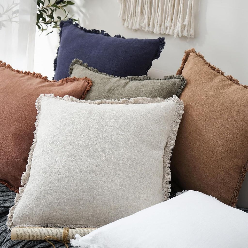 Foindtower Decorative Linen Fringe Throw Pillow Covers 20×20 Inch,Beige