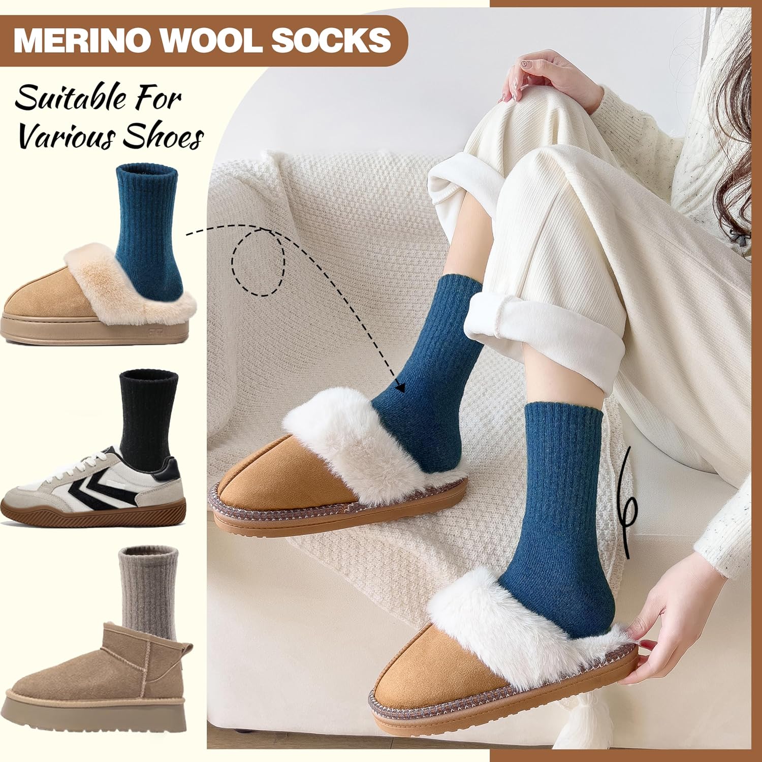 EBMORE 5 Pairs Women Merino Wool Boot Socks Warm Thermal Winter Thick Hiking Cozy Cabin Crew Comfy Socks for Ladies