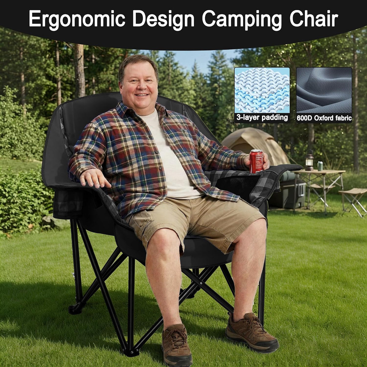 Youtanic Oversized Large Padded Camping Chair, 400 lbs Foldable Lawn Chair