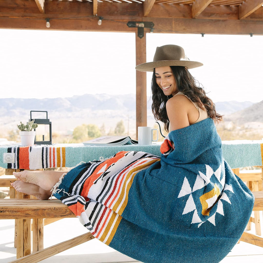 Blue and Tan Mexican Blanket by Laguna Beach Textile Co - Beach, Yoga, Camping, or Decorative Throw Blanket - Traditional Handmade Serape - Navy Baja