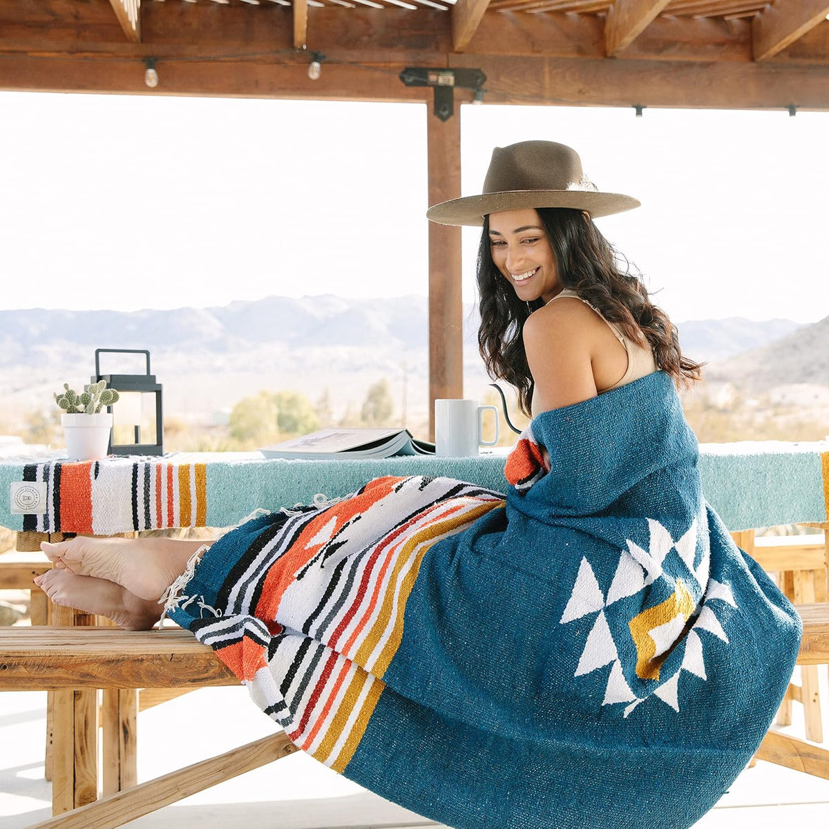 Blue and Tan Mexican Blanket by Laguna Beach Textile Co - Beach, Yoga, Camping, or Decorative Throw Blanket - Traditional Handmade Serape - Navy Baja