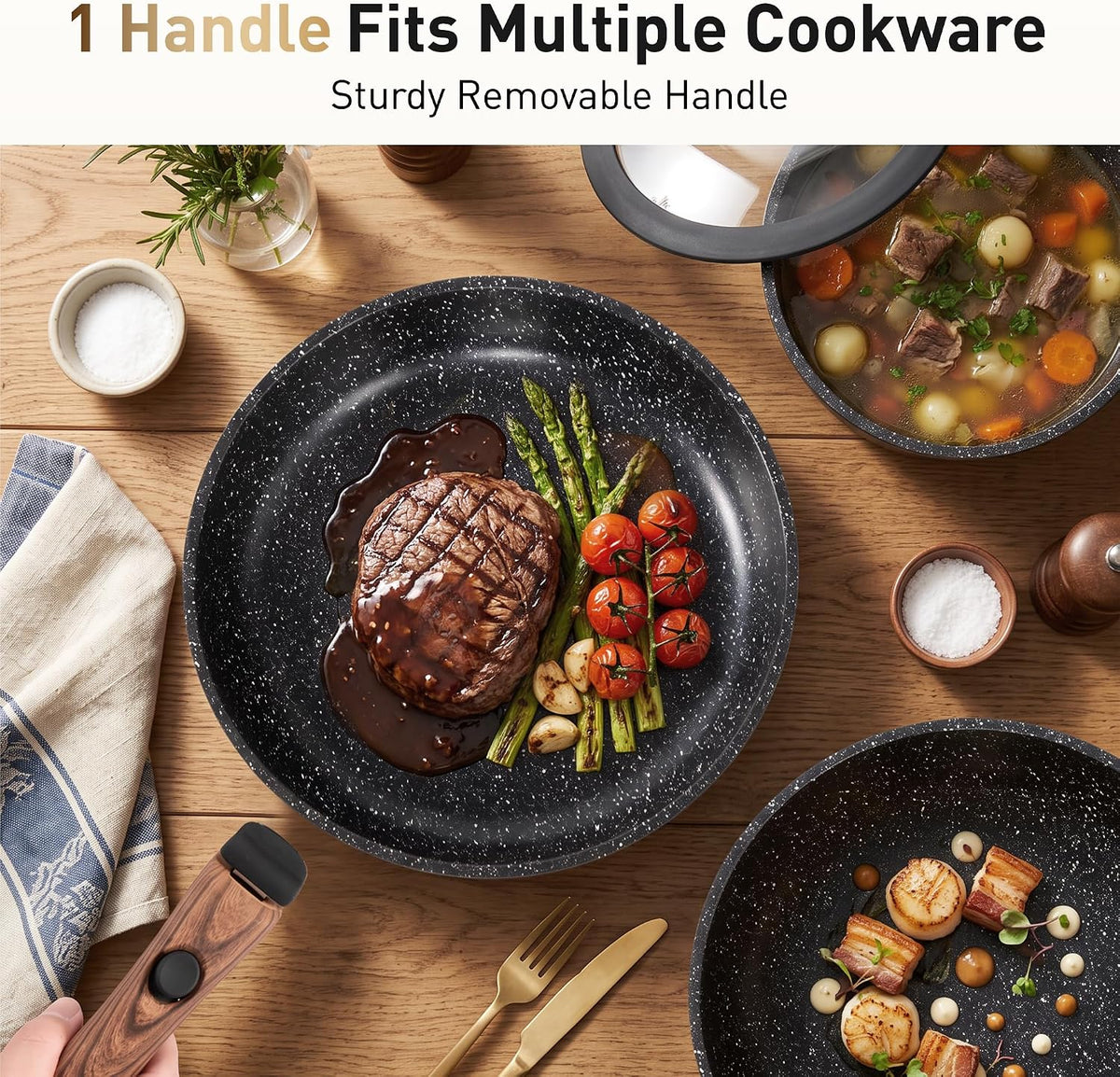 DishDelight Removable Handle Pots and Pans, 10 Piece Cookware Set Non Stick