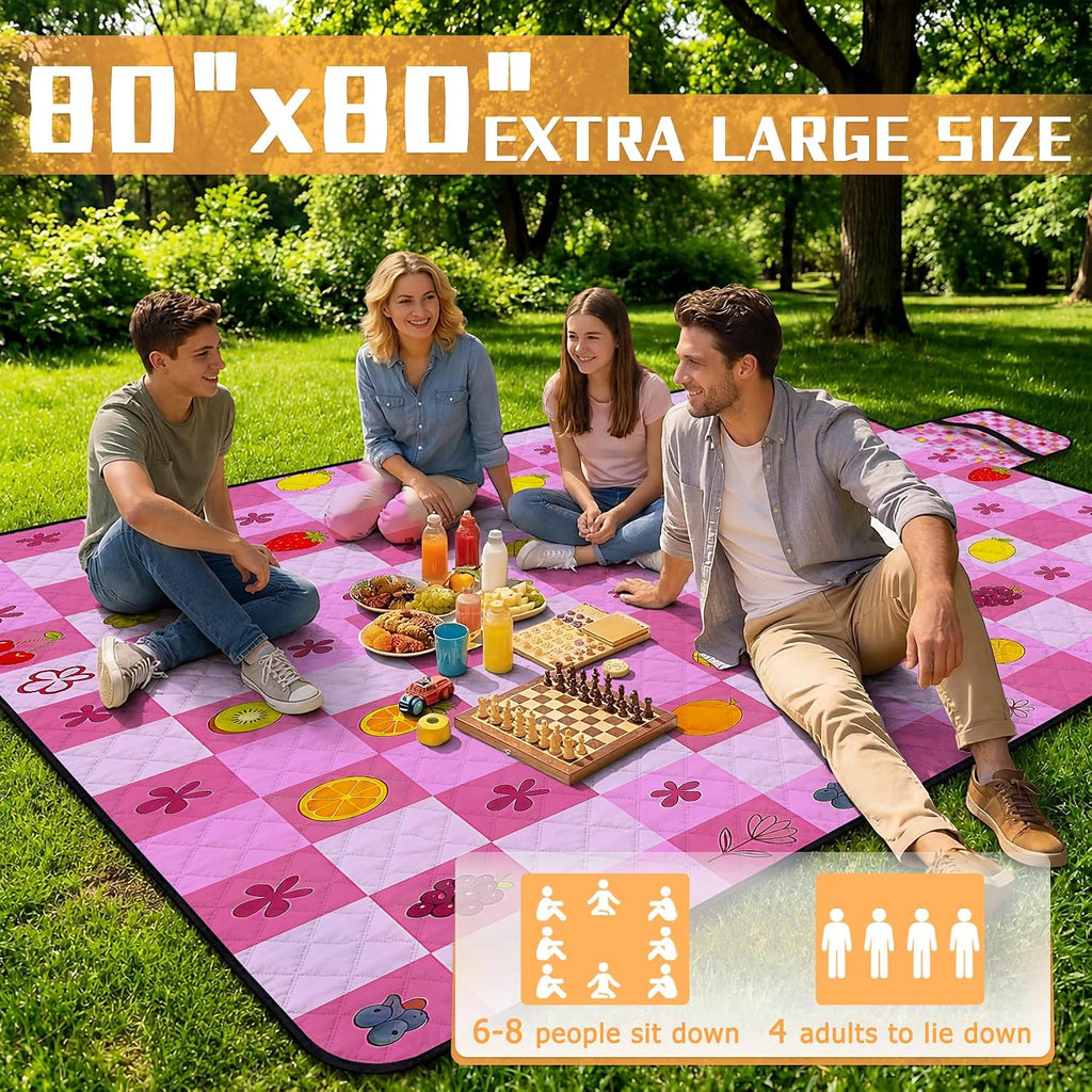 Picnic Blankets Outdoor Blanket,80"x 80" Extra Large Waterproof Sandproof Foldable Beach Blanket Grid Picnic Mat for Camping,Lawn,Park(Deep Pink)
