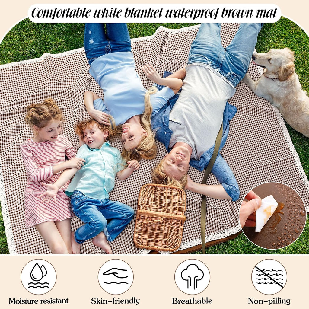 VitalCozy Gingham Picnic Blankets 59x78 in Outdoor Waterproof, Coffee White