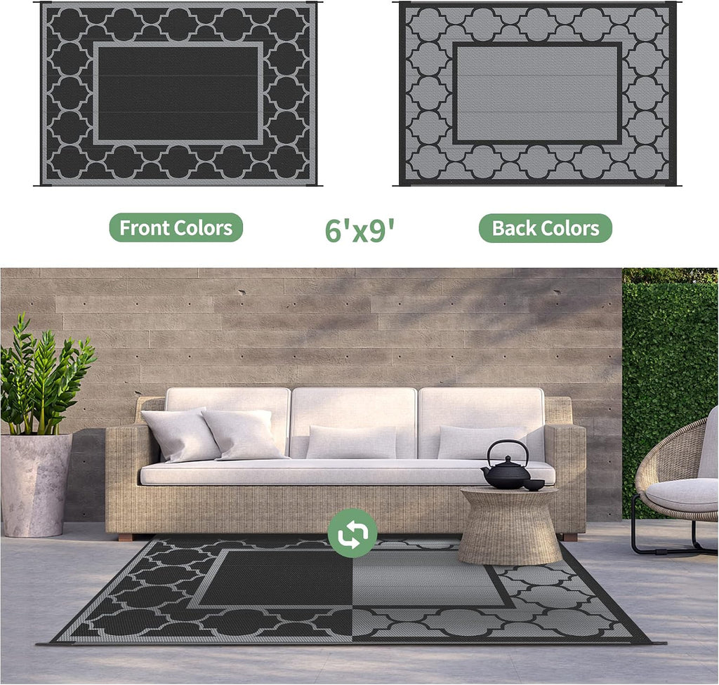 GENIMO Outdoor Rug, Waterproof Plastic Rugs for Patio, 6'x9' Black Gray
