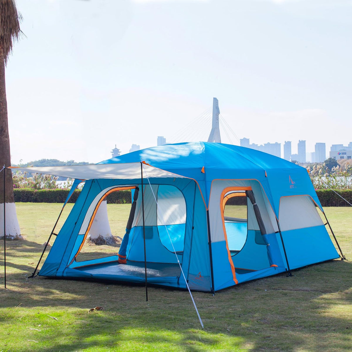 KTT Extra Large Tent 10-12-14 Person(Style-B),Family Cabin Tents,2 Rooms,3 Doors and 3 Windows with Mesh,Straight Wall,Waterproof,Double Layer,Big Tent for Outdoor,Picnic,Camping,Family Gathering
