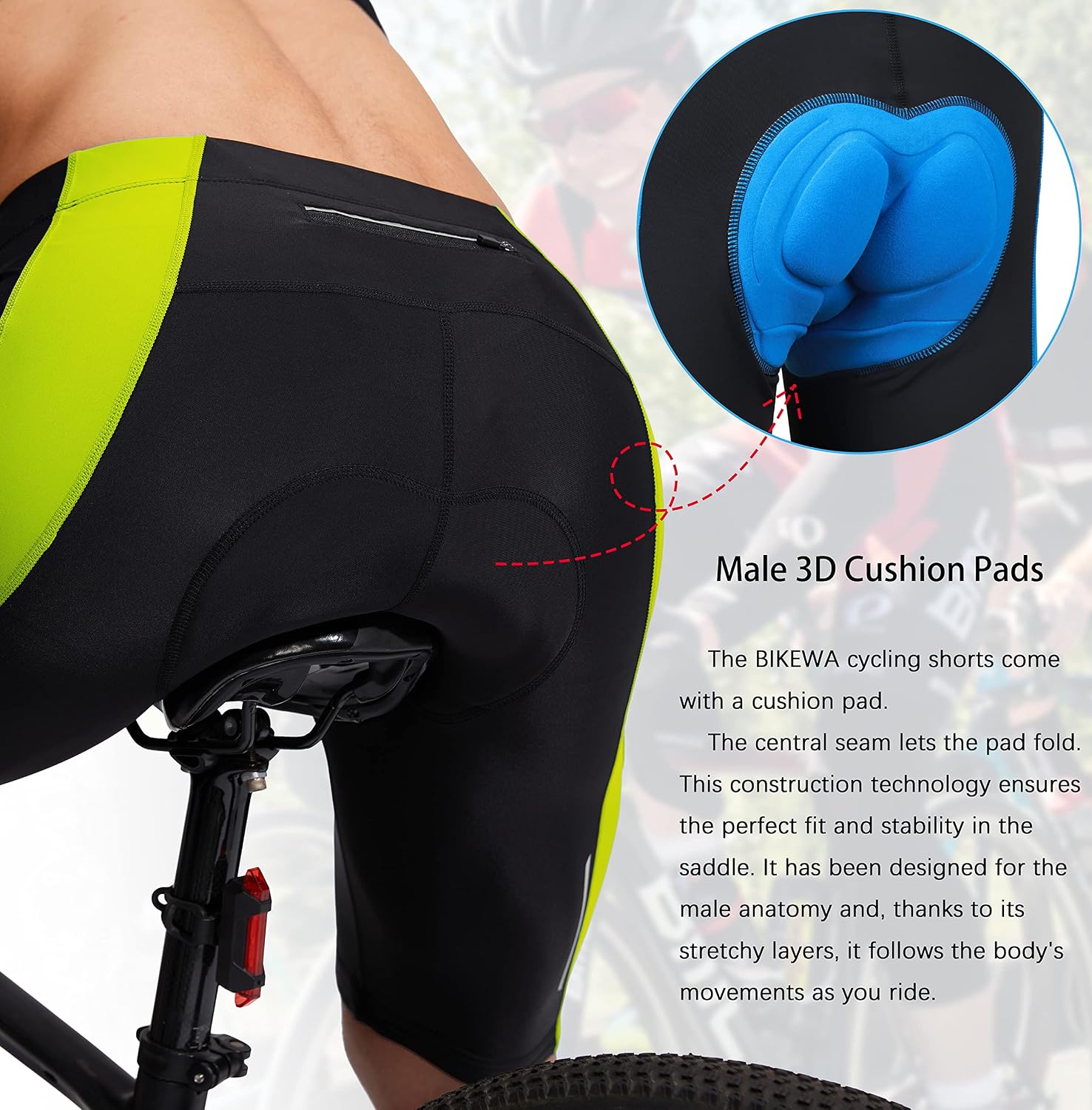 Bikewa Men's Bike Shorts 3D Padded Cycling Road Biking Mountain Riding Biker Bicycle UPF 50+ Cycle Shorts Zipper Pockets