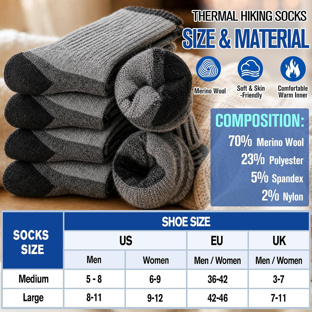 MOGGEI 5 Pairs Merino Wool Hiking Socks Warm Thermal Winter Cozy Cushioned Moisture Wicking Socks for Women & Men