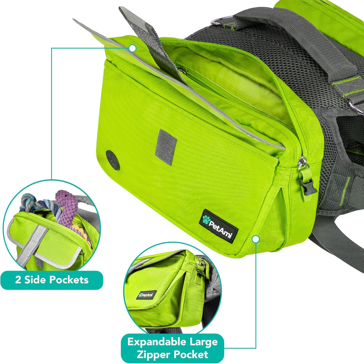 PetAmi Dog Backpack for Medium Large Dogs, Hiking Saddle Bag, Green