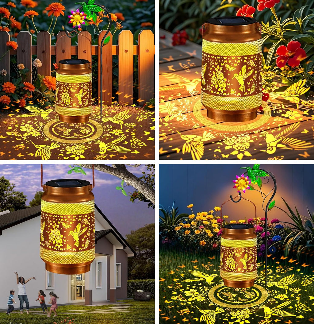 Solar Garden Lights Outdoor Decor, Hummingbird Lantern with Shepherd Hook