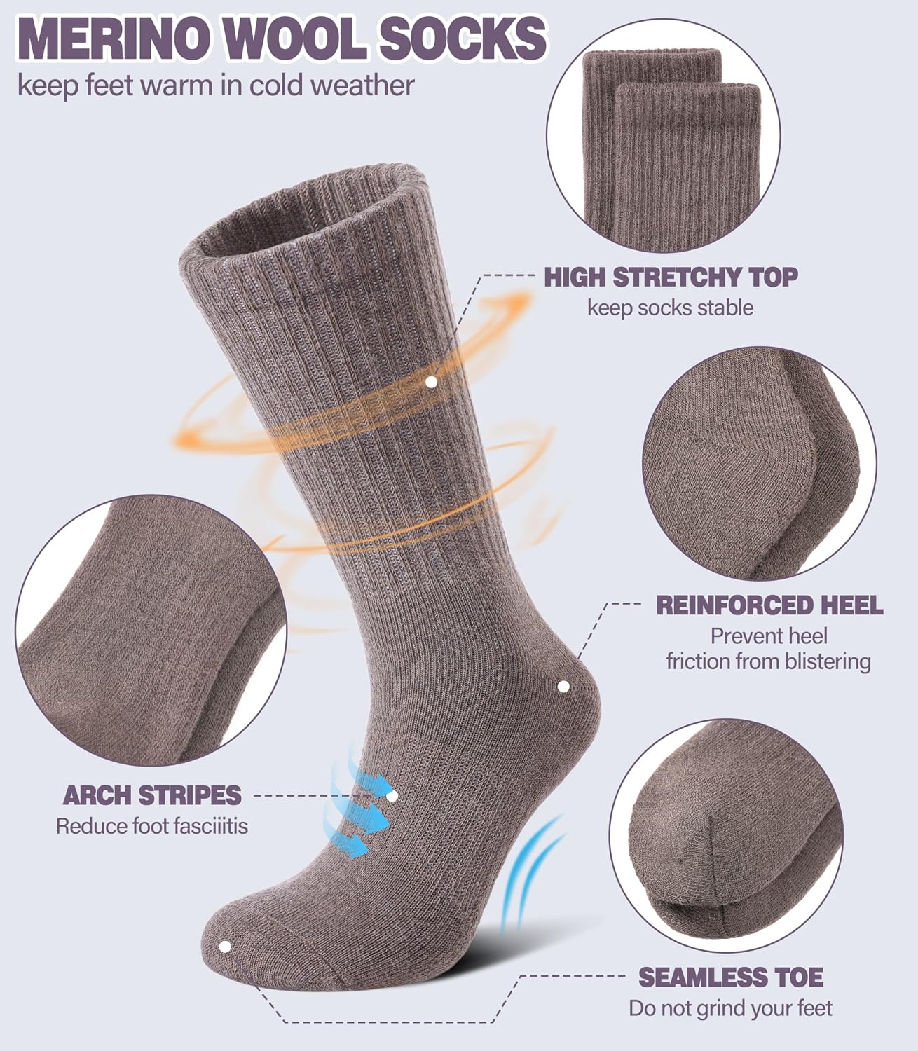 DYW Merino Wool Hiking Socks for Women Men Thermal Warm Winter Boot Crew Cushion Work Ladies Socks 5 Pairs
