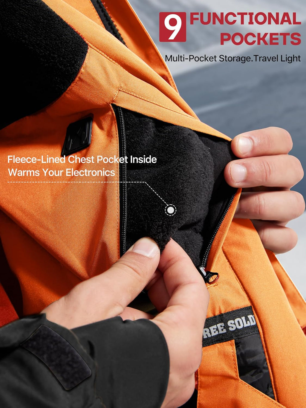 FREE SOLDIER Men's Waterproof Ski Jacket Fleece Lined Warm Winter Snow Coat with Hood Fully Taped Seams