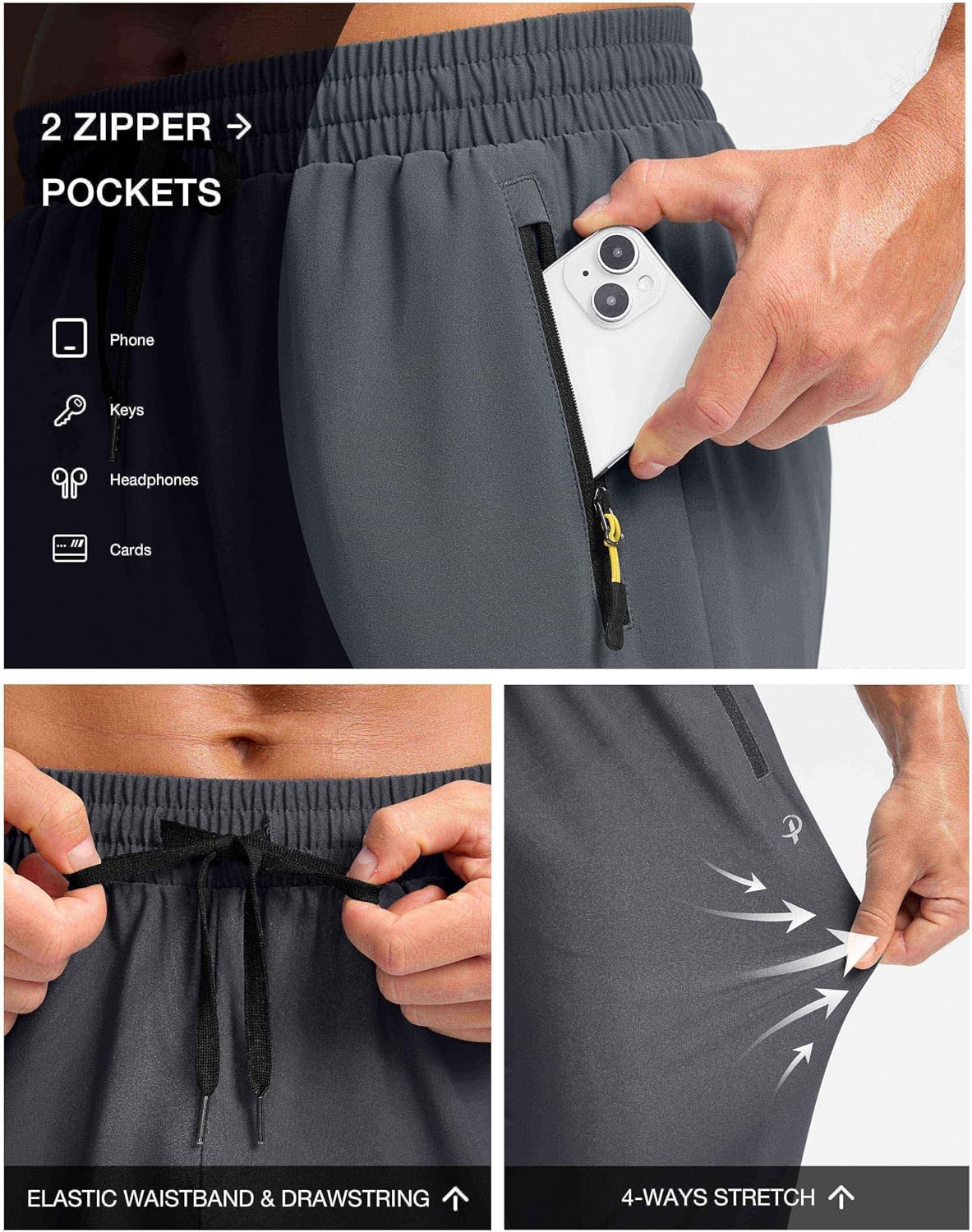 Pudolla Men's Lightweight Hiking Pants Quick Dry Outdoor Sweatpants with Zipper Pockets for Athletic Workout Casual Travel