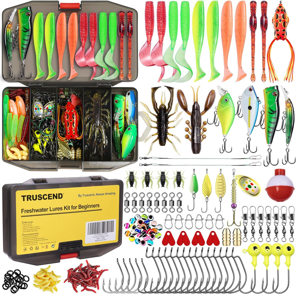 TRUSCEND Complete Fishing Lures - Tackle Box with Tackle Included - Crankbaits, Minnows, Frogs, Vibes, Poppers, Spinners, Spoons, Soft Baits, Hooks & Weights Accessories Kit for Bass Panfish Trout