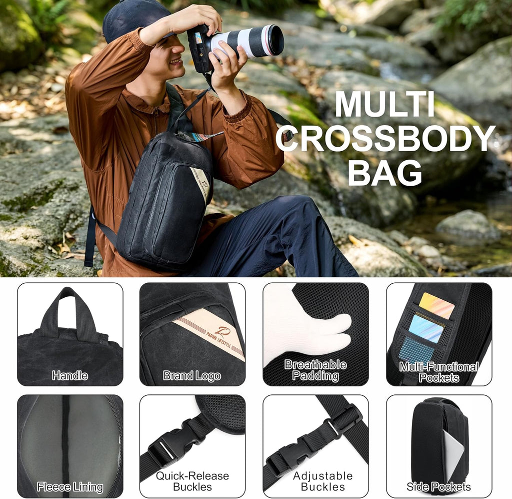 Padwa Lifestyle Black Crossbody Camera Bag - Waxed Memory Canvas Compact Camera Sling and Crossbody Bag with Fast Access,Versatile Lightweight Everyday Bag Great for Photographers Travel,Photography