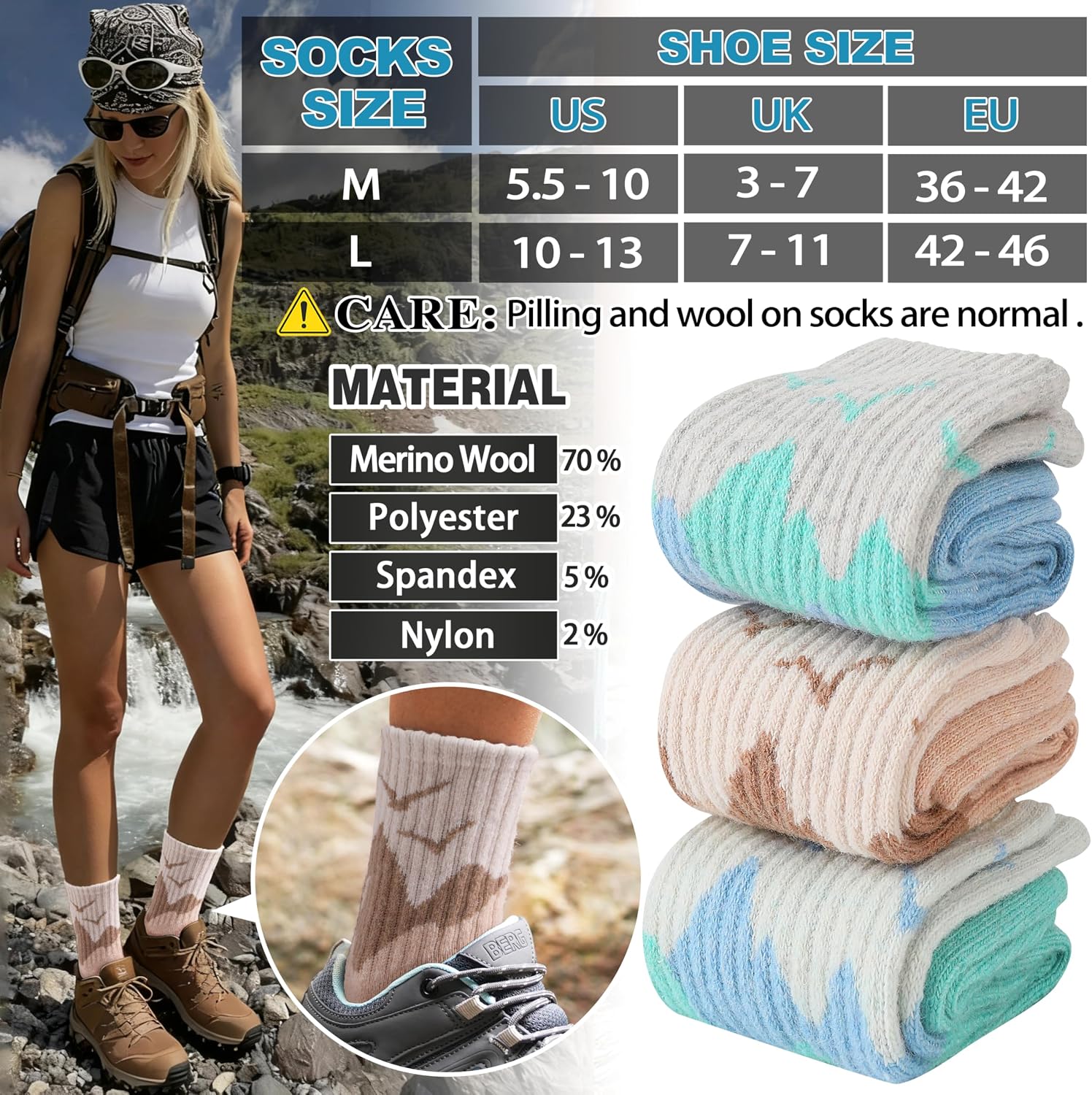 EBMORE 5 Pairs Womens Merino Wool Hiking Socks Thermal Warm Winter Boot Crew Cushion Work Gift Socks