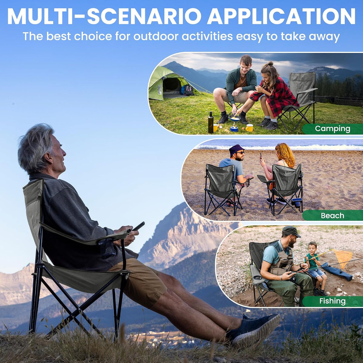 4 Pack Folding Camping Chairs for Outdoor, Foldable Portable Lawn Chairs with Carry Bag & Cup Holder, Compact Design for Camp, Beach, Picnics, and Fishing Supports 300LBS（Grey）