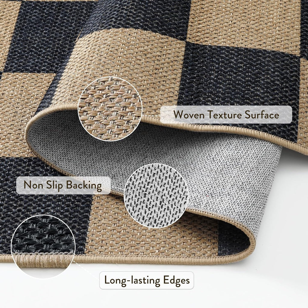Lahome Checkered Easy Jute 5x7 Outdoor Patio Rug, Area Rugs Washable Black