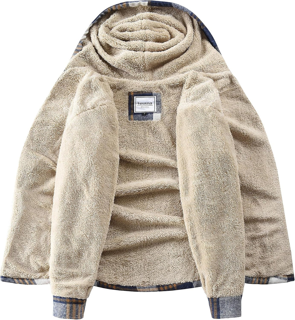 Men's Zip Up Flannel Shirt Jacket Fleece Lined with Hood