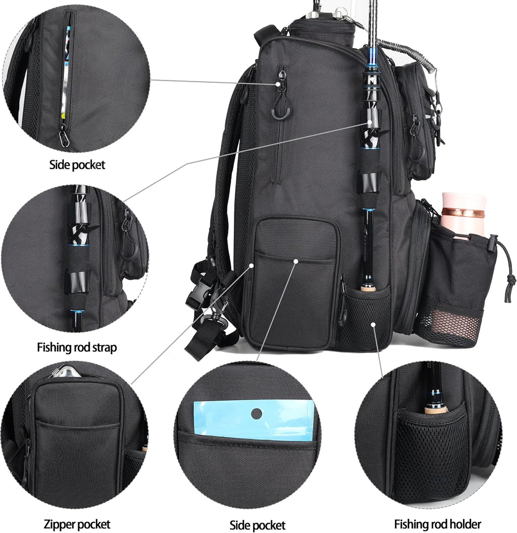 Fishing Tackle Backpack With Rod Holders, Large 40L Fishing Backpack for Camping, Hiking