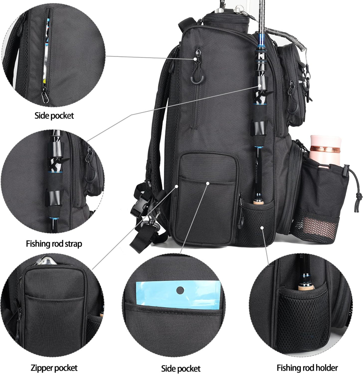 Fishing Tackle Backpack With Rod Holders, Large 40L Fishing Backpack for Camping, Hiking