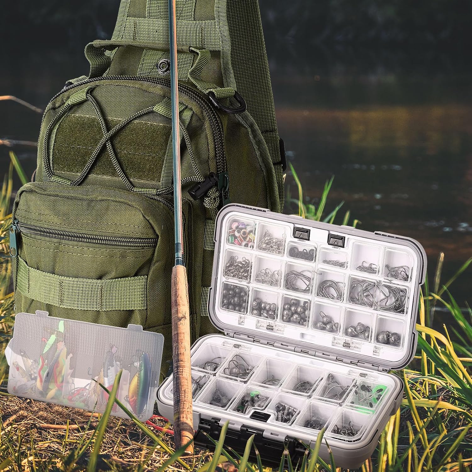 Sosation 482 Pcs Fishing Sling Tackle Bag Set Fish Tackle Box Backpack Storage Fishing Gear and Equipment Included Fish Hook Remover Tool Lures Lip Gripper, Gift for Men