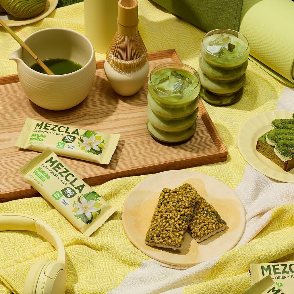 Mezcla Matcha Vanilla Puff Crispy Vegan Bars, 10g Protein, 12 Bars