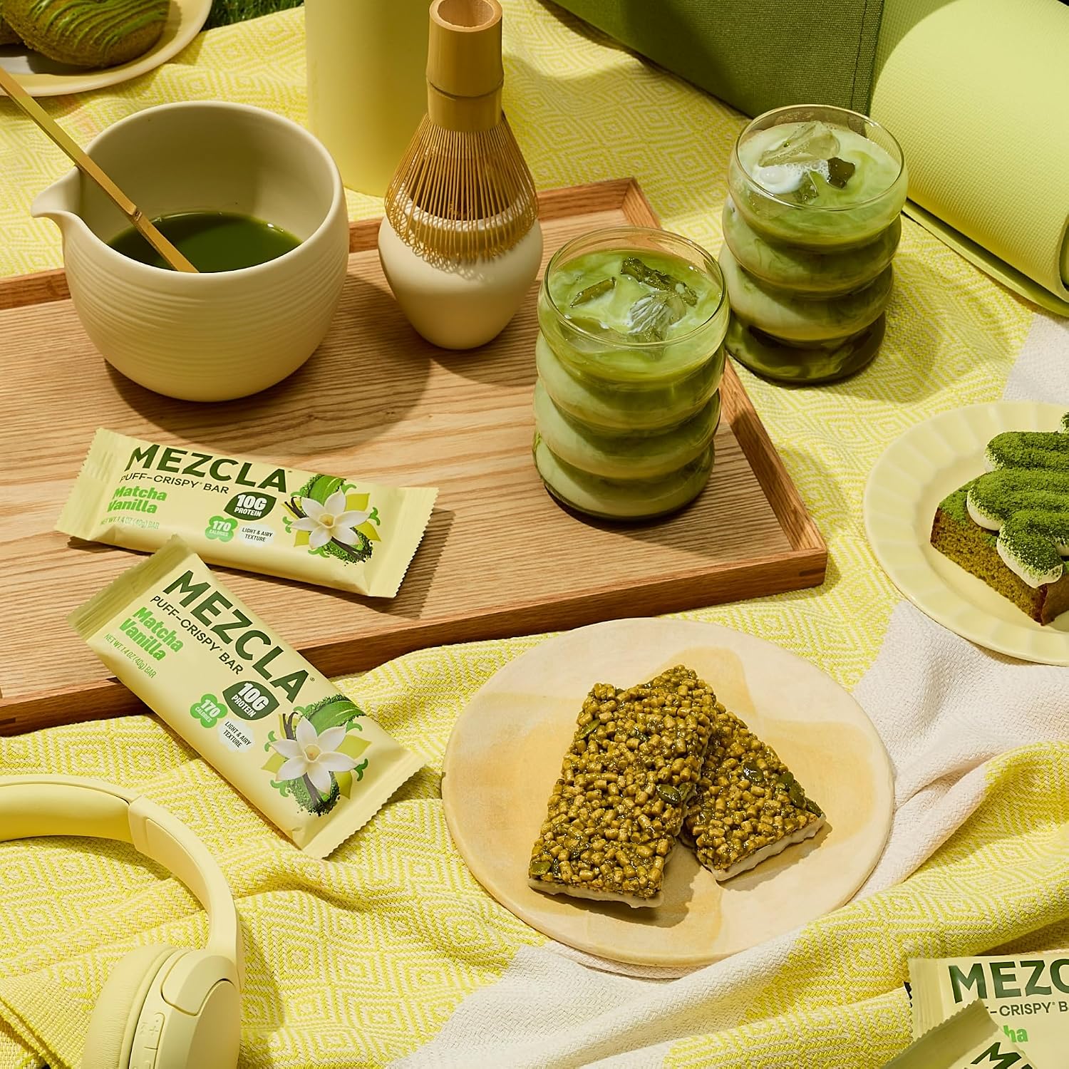 Mezcla Matcha Vanilla Puff Crispy Vegan Bars, 10g Protein, 12 Bars