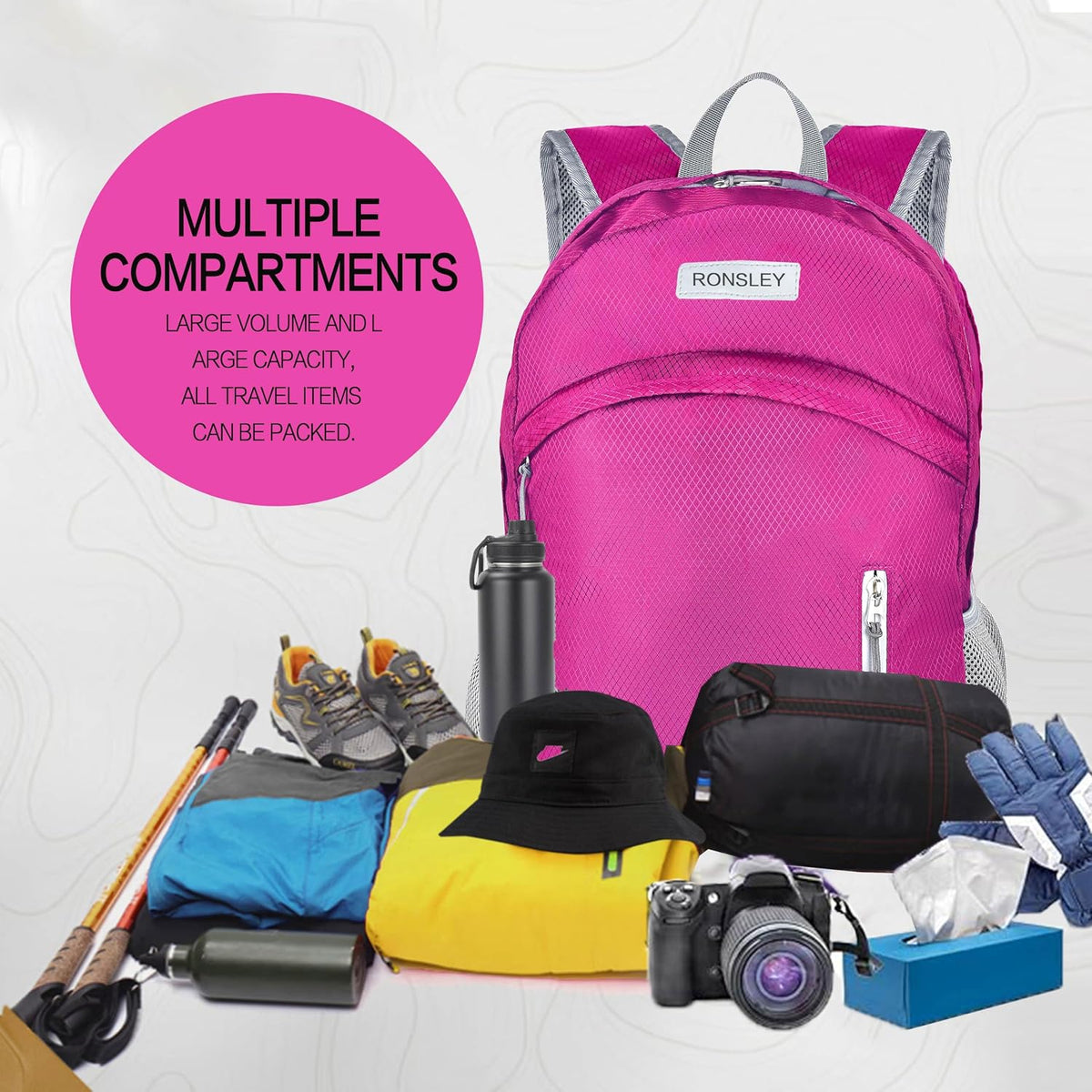 Waterproof Foldable Hiking Backpack, Lightweight Beach Bag DarkPink