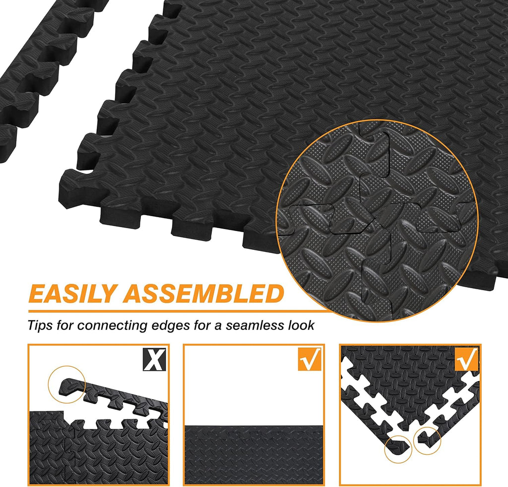 Mat Block EVA Exercise Floor Mats: Interlocking Foam Tile Performance Mats - 6 Tiles (Area: 24 SQ FT) 1/2 inch Thickness, EVA Home Gym Exercise Floor Mats for All Exercises or Equipment, Black