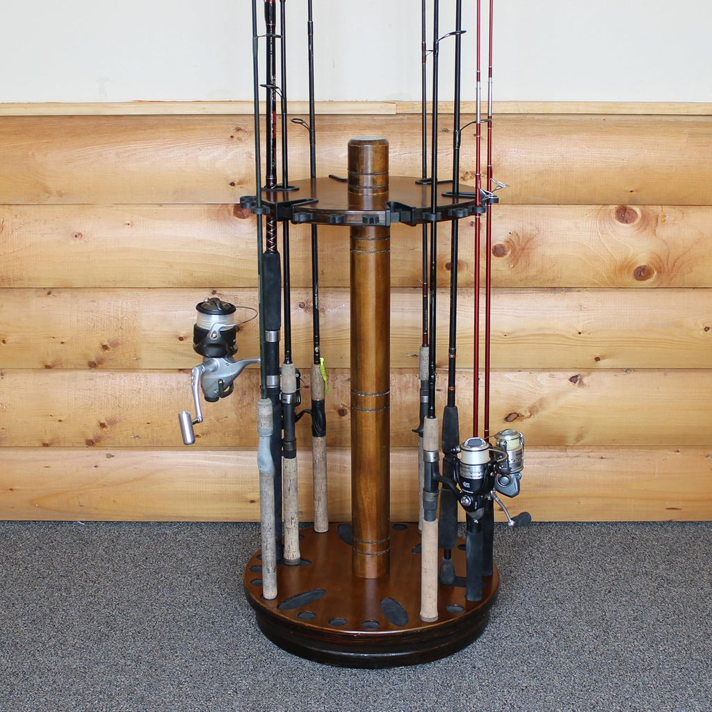 30-Fishing Rod Spinning Wood Storage Rack – Dark Stain