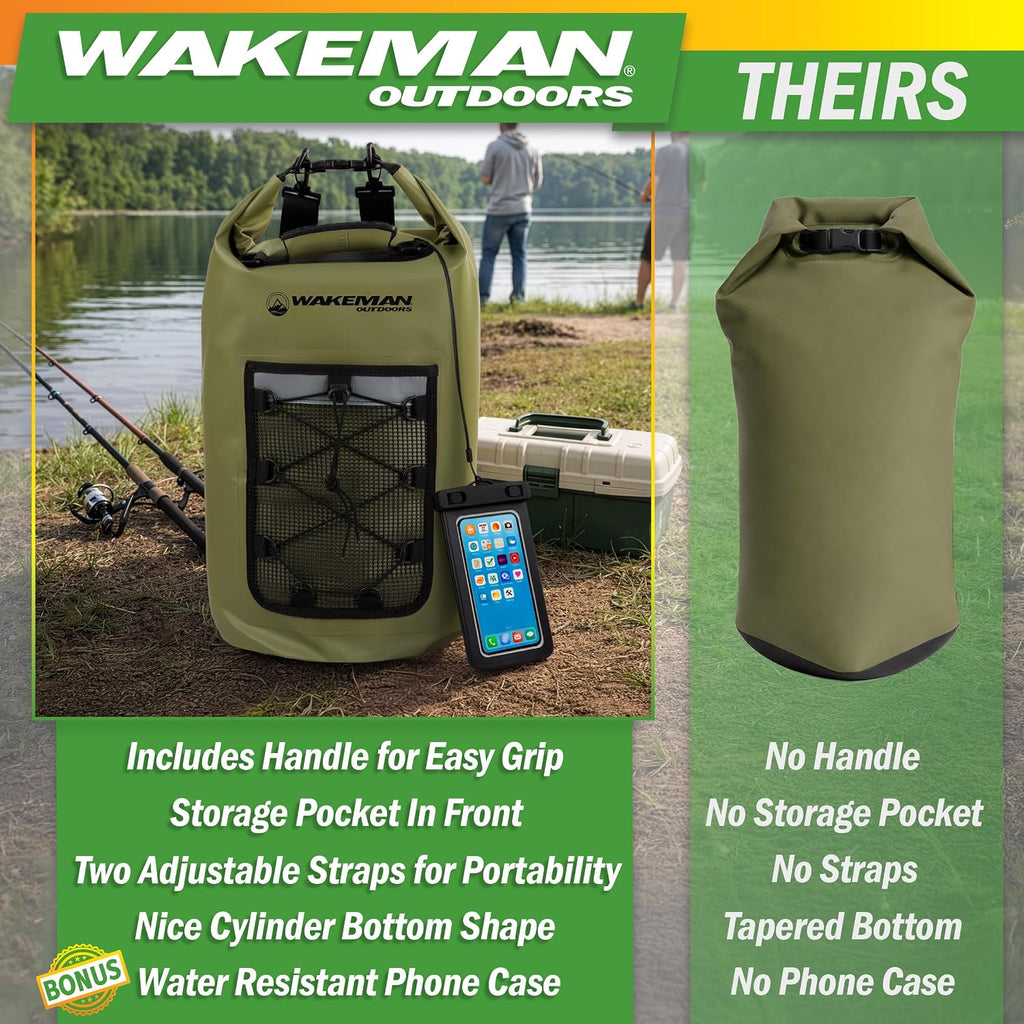 Wakeman Waterproof Dry Bag - 30L Roll Top Lightweight Waterproof Backpack for Men or Women with Phone Case and Mesh Pocket - Kayaking, Boating, Swimming, Camping or Fishing Gear Outdoors (Green)
