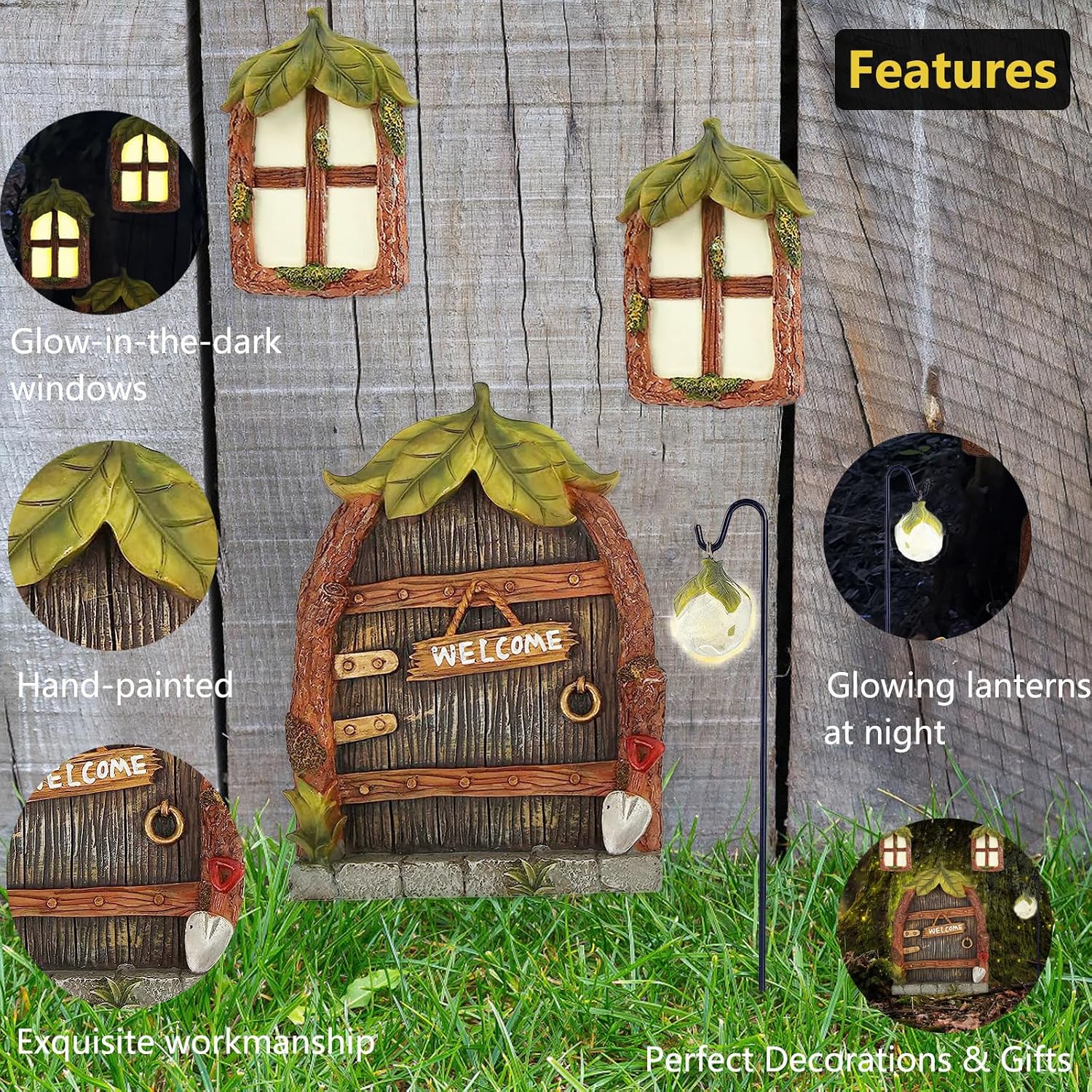 Miniature Fairy Garden Accessories Fairy Door and Windows for Trees, Glow in The Dark Yard Sculpture Lawn Ornament Mini Garden Art Outdoor Decor Accessories with Lantern