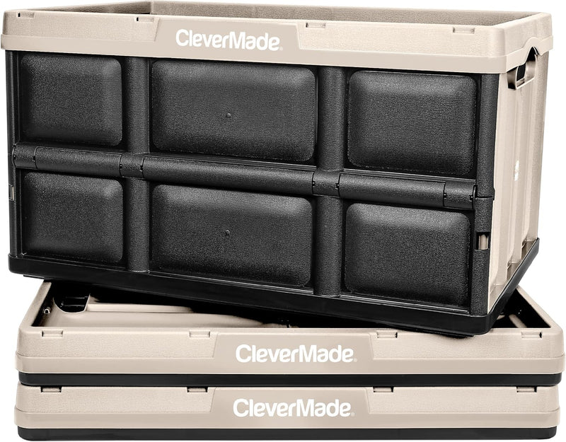 CleverMade Collapsible Storage Bins - Tan 3 Pack 62L - Stackable Containers Heavy Duty Capacity Folding Crates - Space-Saving for Home