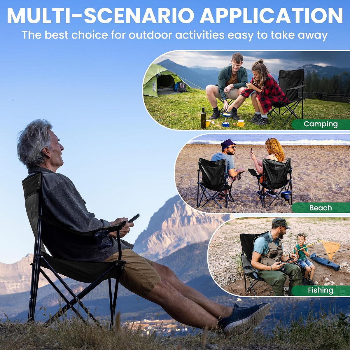 4 Pack Folding Camping Chairs for Adults, Foldable Portable Lawn Chairs with Carry Bag & Cup Holder, Compact Design for Camp,Beach, Picnics,and Fishing Supports 300LBS（Black）