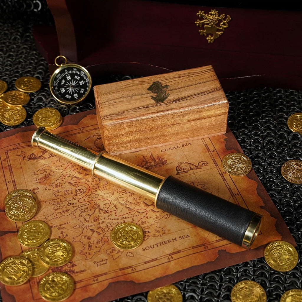 Mythrojan Medieval Brass Telescope with Mini Spyglass,Wooden Box for Reenactment, Cosplay, Steampunk,Nautical Decor - 6 inches, Brass