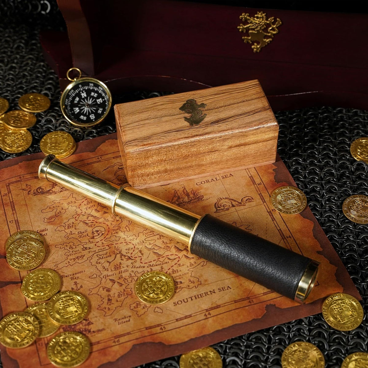 Mythrojan Medieval Brass Telescope with Mini Spyglass,Wooden Box for Reenactment, Cosplay, Steampunk,Nautical Decor - 6 inches, Brass
