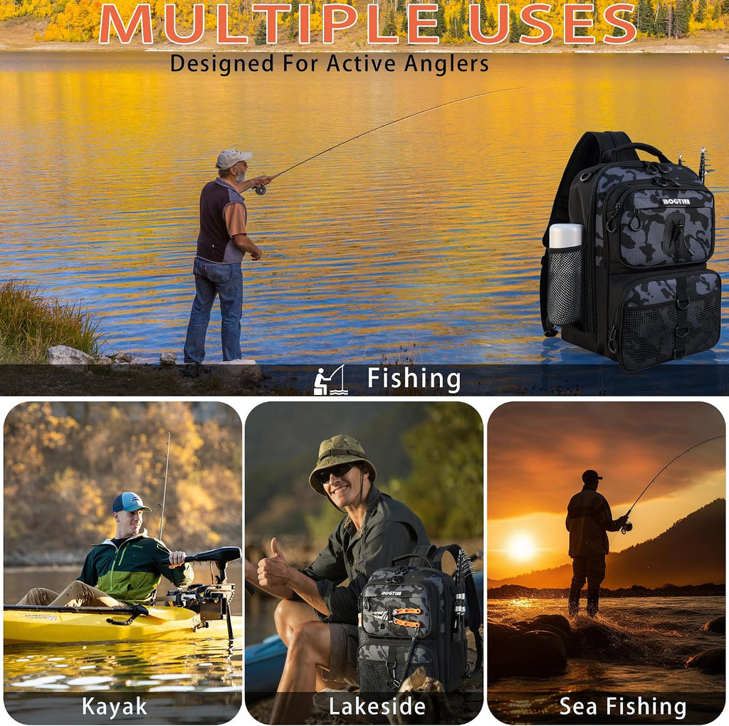 Fishing Backpack with Fish Rod & Lures Kit Lightweight 25L Tackle Bag with Fishing Gear and Tackle Boxes, Fish Gifts for Men Woman-Black Camo Backpack