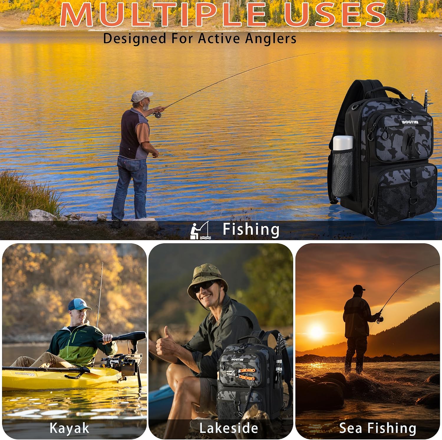 Fishing Backpack with Fish Rod & Lures Kit Lightweight 25L Tackle Bag with Fishing Gear and Tackle Boxes, Fish Gifts for Men Woman-Black Camo Backpack