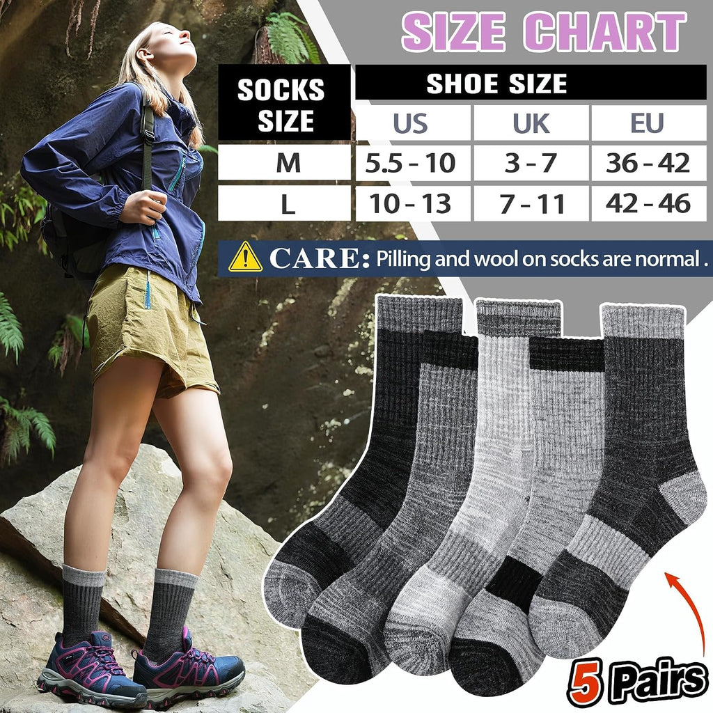 Merino Wool Hiking Socks Thermal Warm Winter Cozy Cushioned Moisture Wicking Crew Socks for Women 5 Pairs